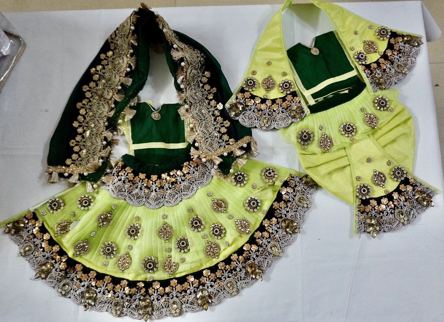 Lime green and emerald Radha Krishna poshak with ornate borders